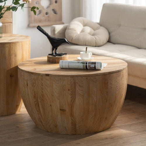 Vintage bucket-shaped coffee table made of fir wood, featuring storage for living room decor and snacks.