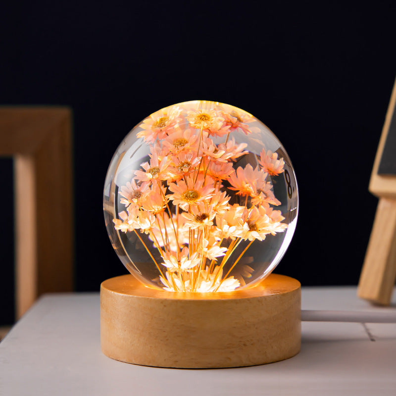 LED Night Light Flower Crystal Ball Night Lamp with Woodener Base