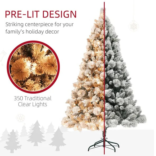 6.5 Ft Pre-Lit Artificial Christmas Tree with 350 Clear Lights And 1107 Tips, Snow Flocked Christmas Tree With Metal Stand, Hinged Xmas Tree For Home Office Holiday, Green