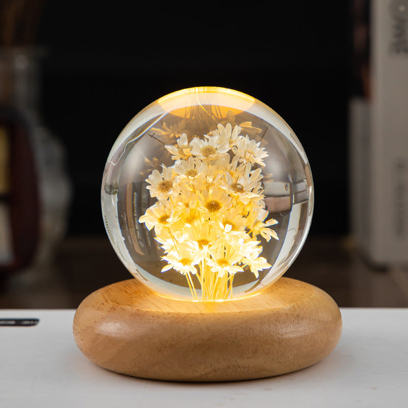 LED Night Light Flower Crystal Ball Night Lamp with Woodener Base