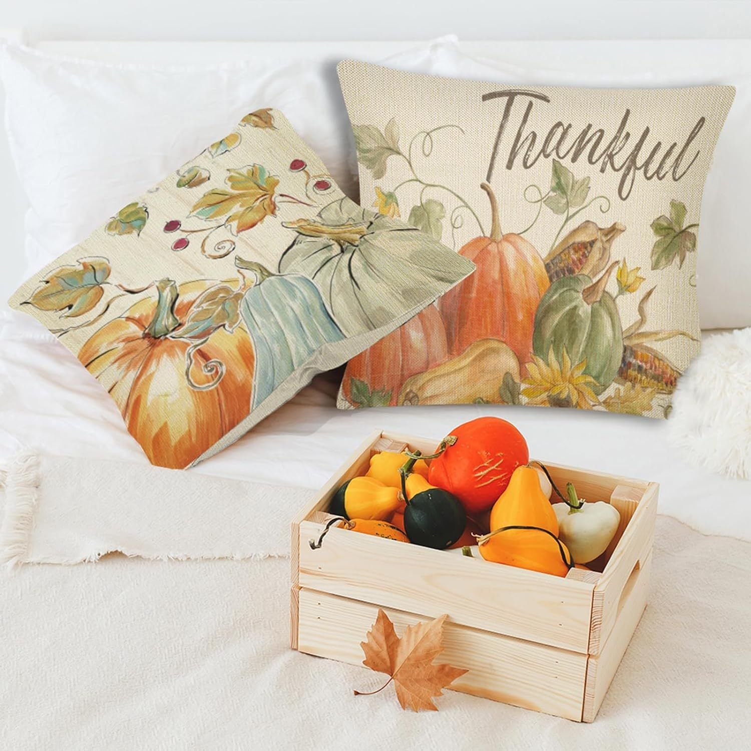 4pcs Thanksgiving Pillow Covers-Fall Pumpkin Maple Leaf Decorative Throw Pillow Covers