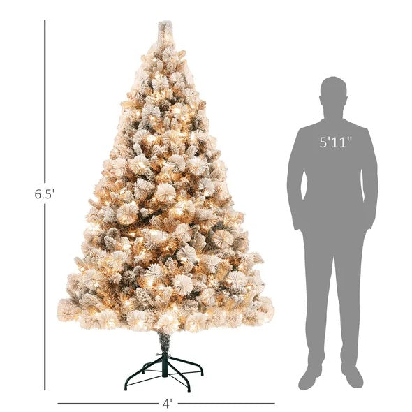 6.5 Ft Pre-Lit Artificial Christmas Tree with 350 Clear Lights And 1107 Tips, Snow Flocked Christmas Tree With Metal Stand, Hinged Xmas Tree For Home Office Holiday, Green