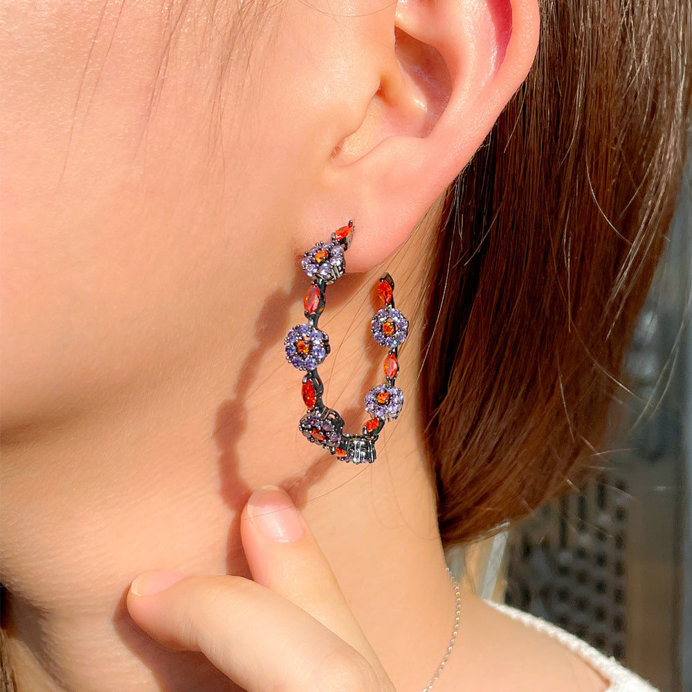 Hoop Earrings Black Zircon Color Flower