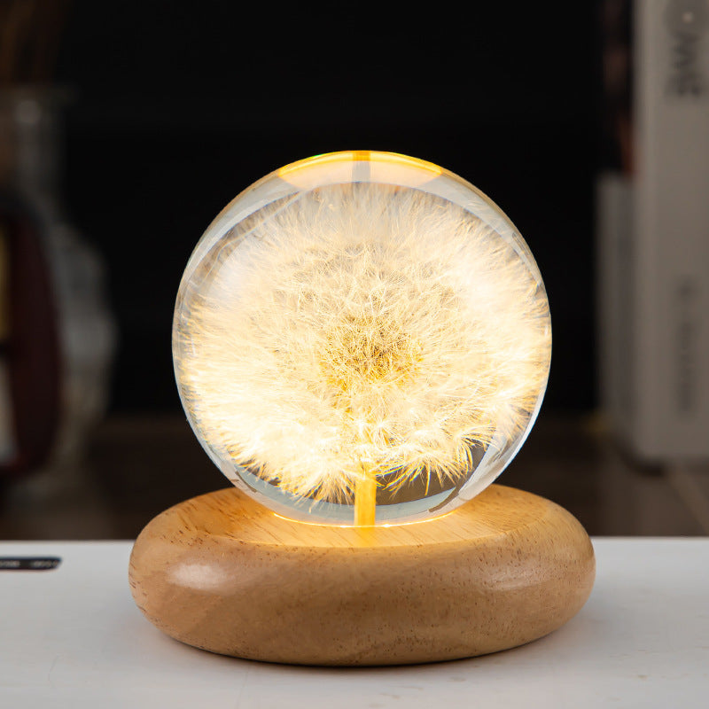 LED Night Light Flower Crystal Ball Night Lamp with Woodener Base