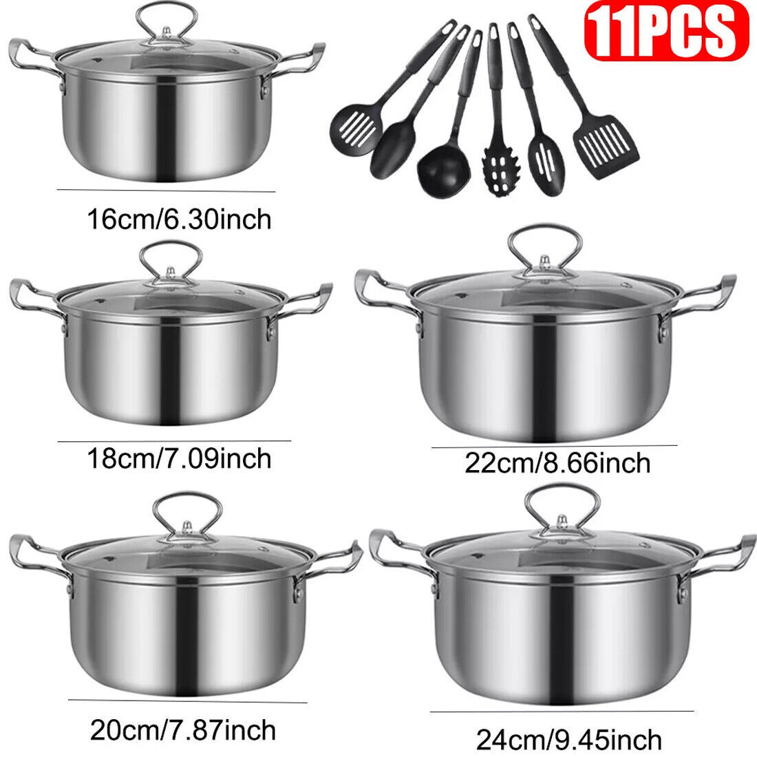 11-piece non-stick stainless-steel cookware set with various pot sizes and utensils for versatile cooking.