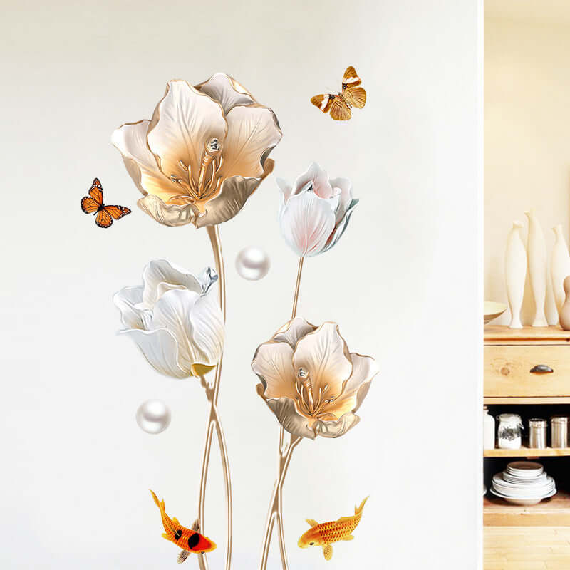 Creative 3D self-adhesive wall sticker featuring tulips, butterflies, and koi fish for living room decoration