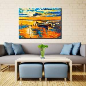 Hand Painted Dock Boat Decoration Canvas Oil Painting- Orange Blue