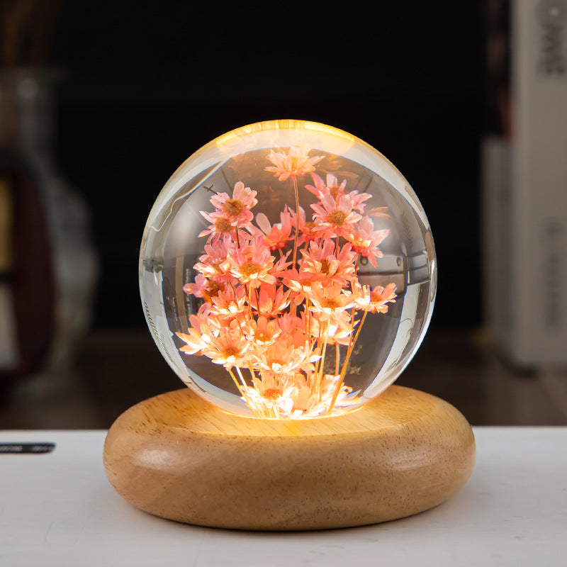 LED Night Light Flower Crystal Ball Night Lamp with Woodener Base