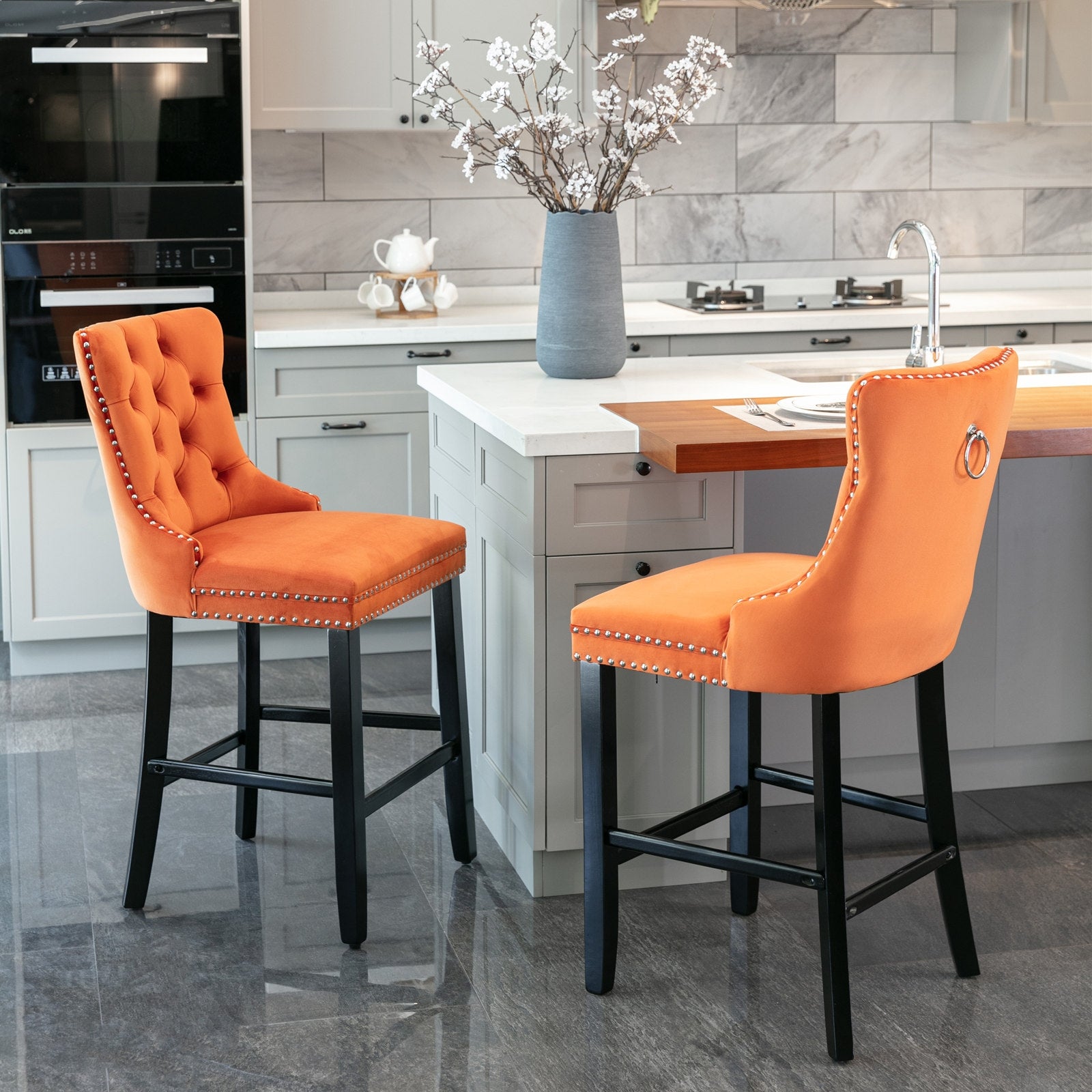Contemporary Velvet Upholstered Barstools With Button Tufted Decoration And Wooden Legs, And Chrome