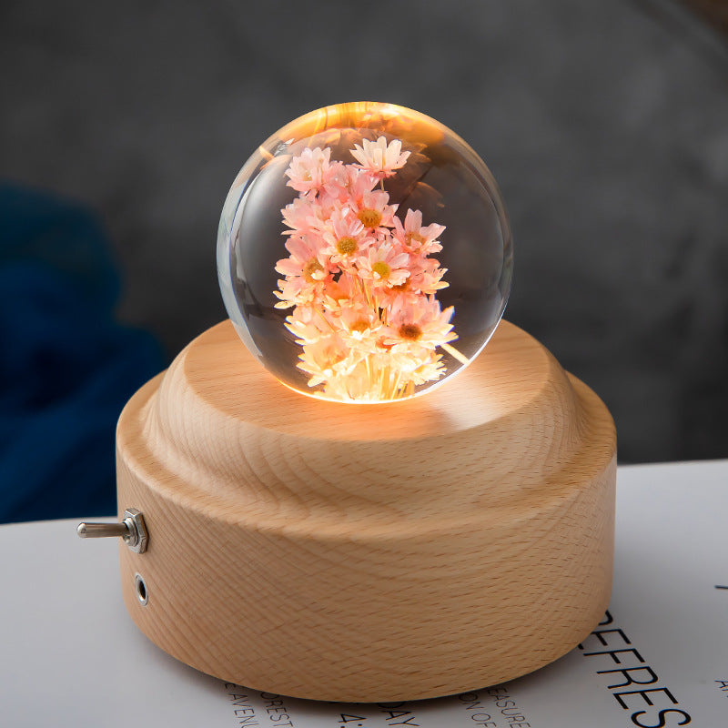 LED Night Light Flower Crystal Ball Night Lamp with Woodener Base