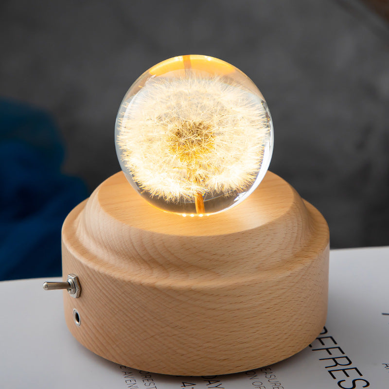 LED Night Light Flower Crystal Ball Night Lamp with Woodener Base