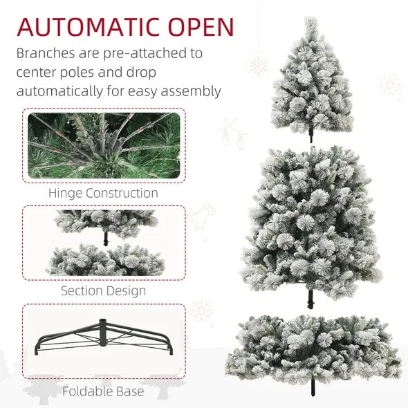 6.5 Ft Pre-Lit Artificial Christmas Tree with 350 Clear Lights And 1107 Tips, Snow Flocked Christmas Tree With Metal Stand, Hinged Xmas Tree For Home Office Holiday, Green