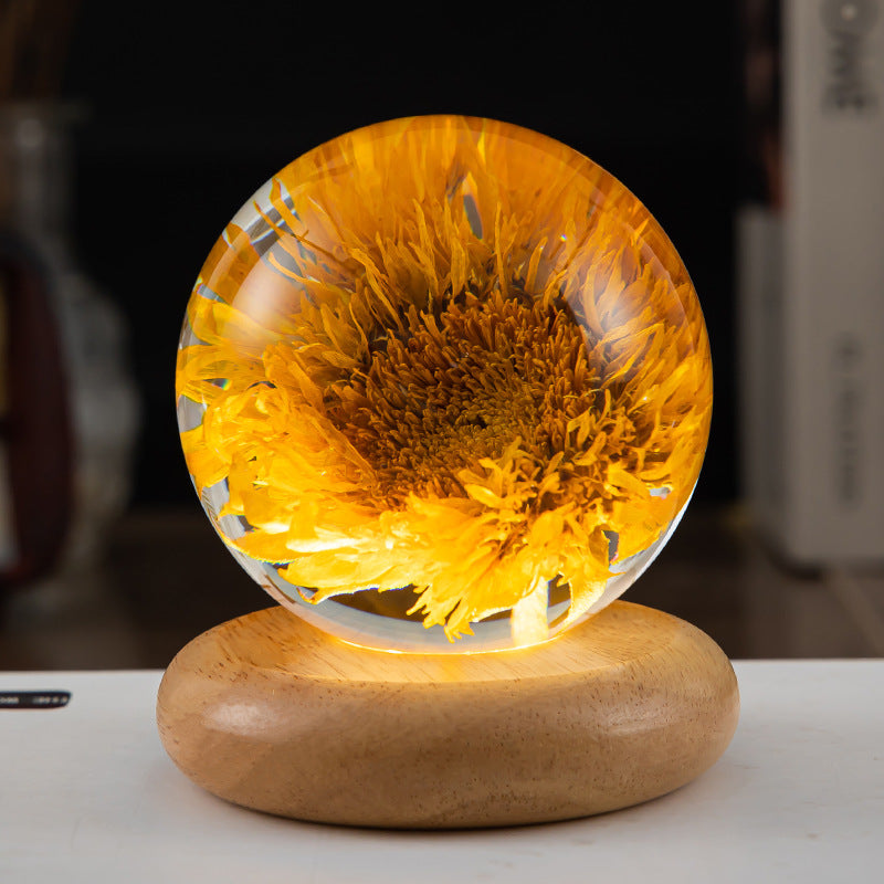 LED Night Light Flower Crystal Ball Night Lamp with Woodener Base