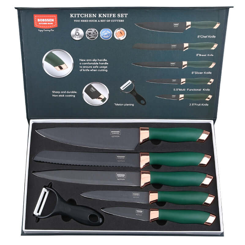 6 Pc Knife Set Kitchen Green Handle