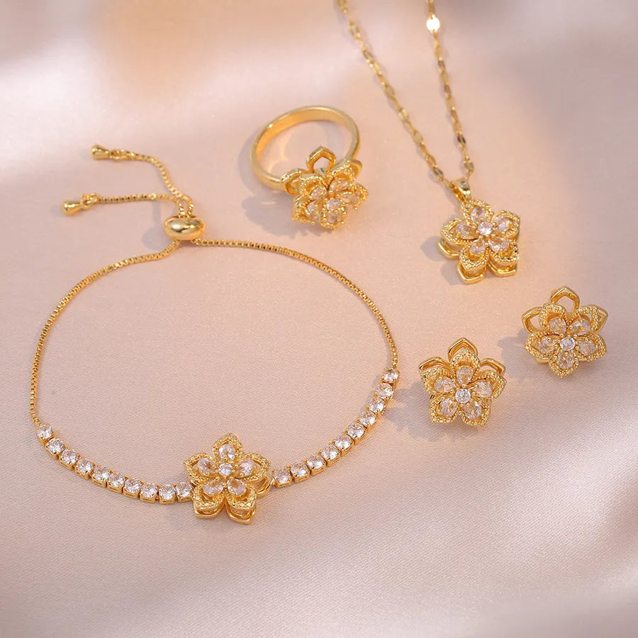 Titanium Steel Copper Elegant Diamond Flower Jewelry